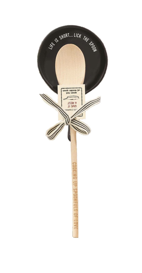 Giftable Wooden Spoon and Cast Iron Spoon Rest Set with Cute Sayings